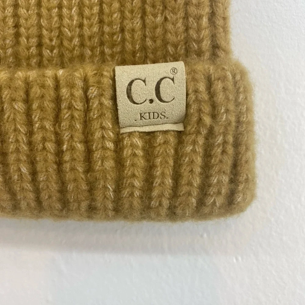 C.C. Kids Unisex Beanie W/ Ears Tan Soft Knit Ribbed Hat Neutral Beanie Baby OS - Picture 2 of 3